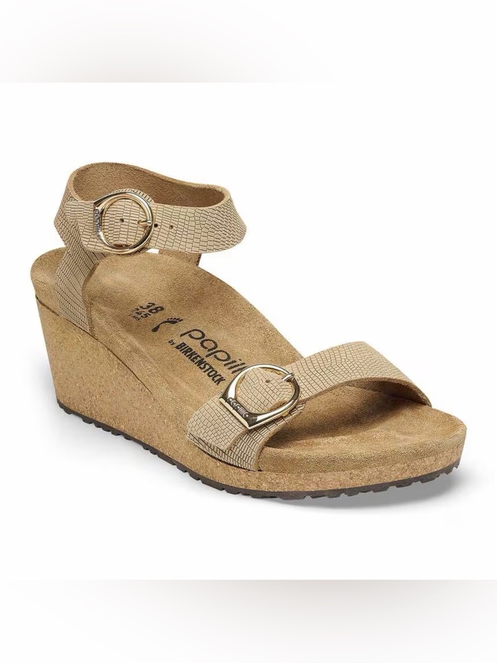 Birkenstock/Papillo Soley Wedge Embossed Leather Sandcastle Gold Buckles - Picture 4 of 6